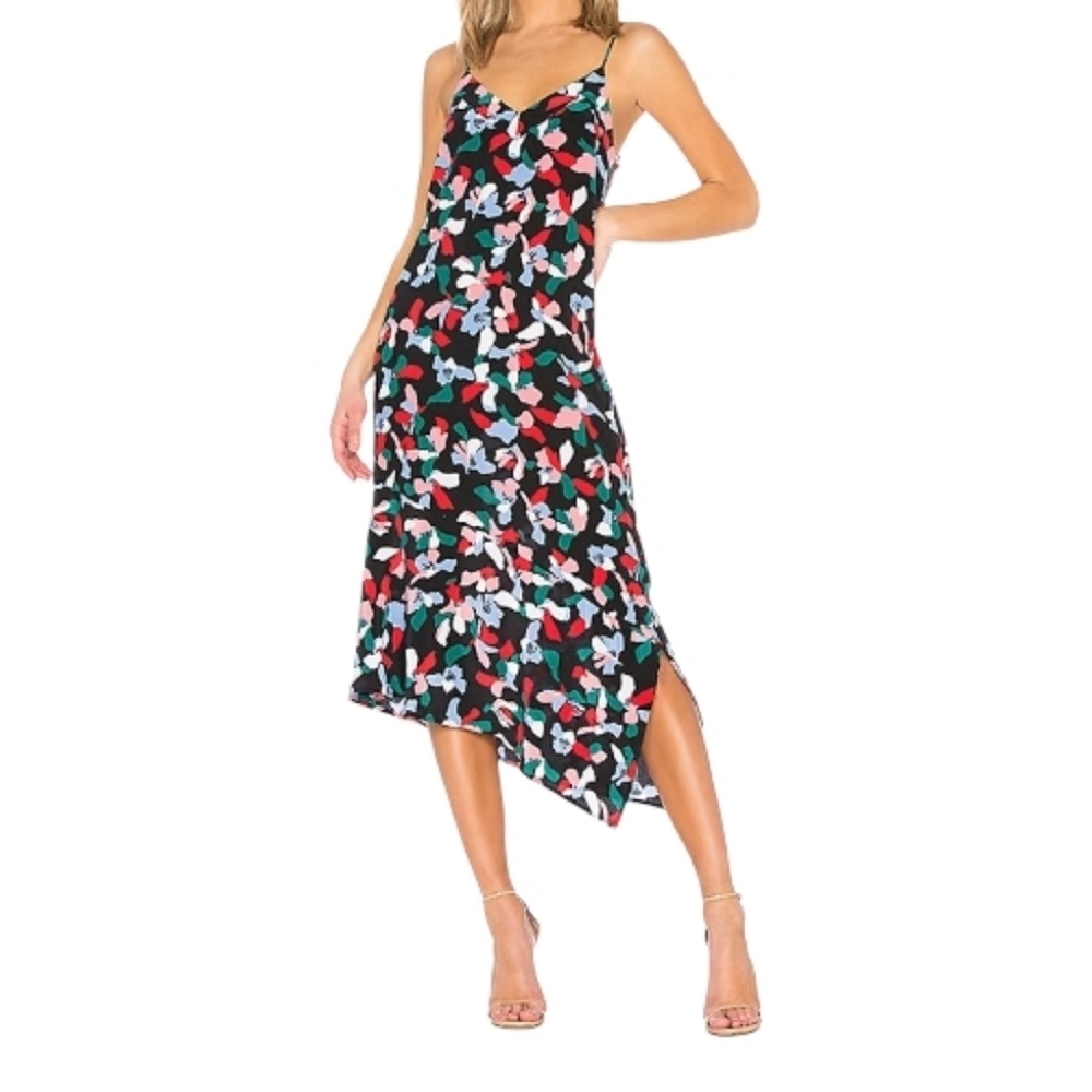 Equipment Jada Lightweight Silk Asymmetrical Hem Midi Dress Black Multi Size XS